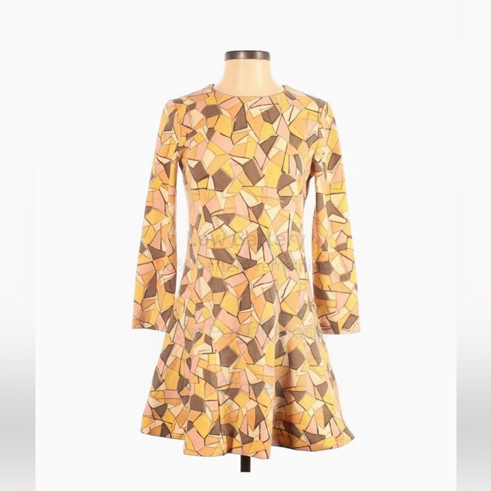 kumikyoku geometric patterned drop waist dress in yellow, orange, pink - size 3